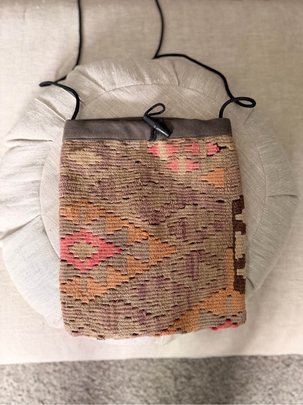 Boho Kilim-Style Drawstring Crossbody Bag in Earth Tones